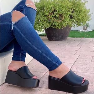 Black Wide Band Platform Slip On Sandals